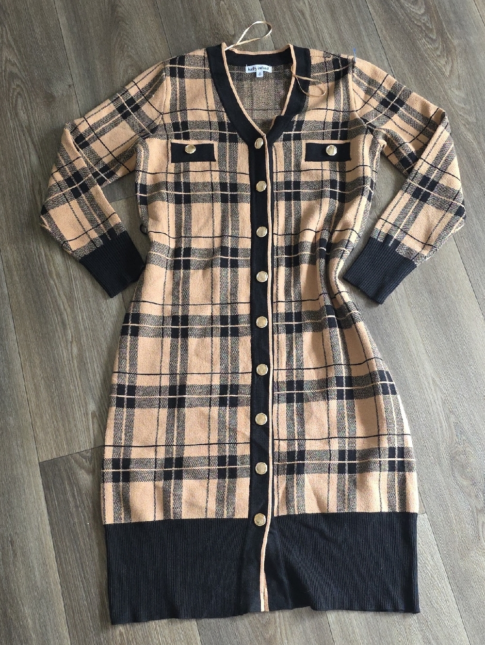 kathy ireland Beige and Black Plaid Maxi Cardigan Dress